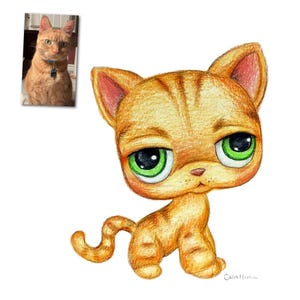 May include: A digitally drawn orange tabby cat with large green eyes and a slightly sad expression. The cat is in a sitting position with its tail curled. A smaller photo of a real orange tabby cat is in the upper left corner.