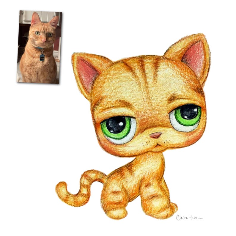 May include: A digitally drawn orange tabby cat with large green eyes and a slightly sad expression. The cat is in a sitting position with its tail curled. A smaller photo of a real orange tabby cat is in the upper left corner.