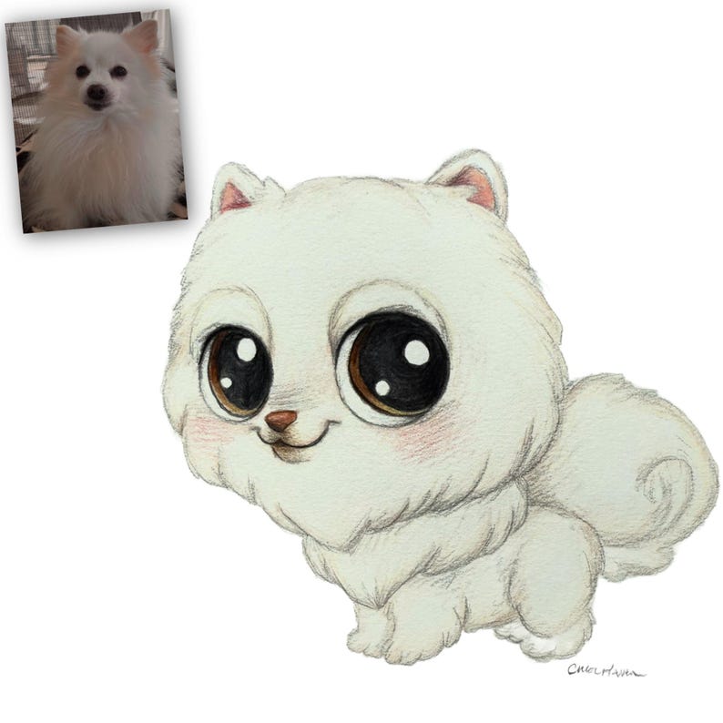 May include: A watercolor illustration of a fluffy white dog with large, expressive brown eyes and a small pink nose. The dog has a cute, cartoonish appearance, with a curled tail and a soft, furry texture. A smaller photo of a real dog is in the upper left corner.