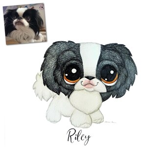 May include: A pencil drawing of a Japanese Chin dog named Riley. The dog has large, expressive eyes with orange highlights, black and white fur, and a small pink nose. A smaller photo of the dog is in the upper left corner.