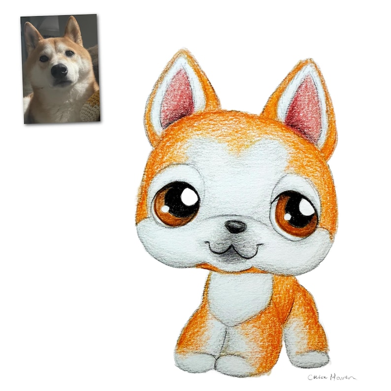 May include: A colored pencil drawing of a cartoon dog with large brown eyes, orange and white fur, and a small black nose. The dog is sitting with its paws forward. A small framed photo of a real dog is in the upper left corner.