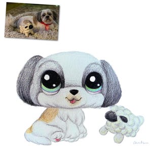 May include: A colored pencil drawing of a cartoon-style Shih Tzu dog with large, expressive eyes and a small stuffed sheep. The dog has white, gray, and tan markings. A smaller image of a real dog is in the upper left corner.