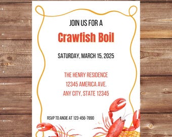 Pode incluir: Um convite branco com uma borda dourada e uma ilustração de lagosta vermelha e laranja. O convite diz "Join us for a Crawfish Boil" e inclui a data "Sábado, 15 de março de 2025", o local "The Henry Residence, 12345 America Ave., Any City, State 12345", e as informações de RSVP "RSVP to Angie at 123-456-7890".