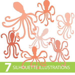 Puede incluir: Siete ilustraciones de siluetas de pulpos de color coral sobre un fondo blanco. Las ilustraciones de pulpos varían en tamaño y pose. El número "7" es blanco, y el texto "SILHOUETTE ILLUSTRATIONS" es negro sobre una barra verde.