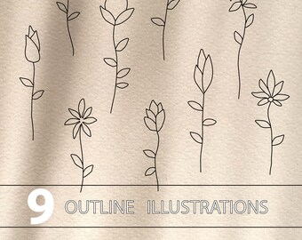 Paquete de arte clip de una sola flor, ilustraciones botánicas, dibujo vectorial de línea, arte floral, elementos digitales, descarga instantánea