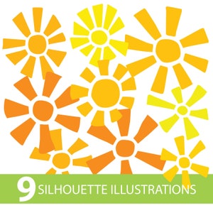 SUN SILHOUETTE ILLUSTRATIONS, dibujo de Sunsine en svg pdf ai jpg png dxf, Cut Files For Silhouette Cricut Summer clip art vector digital