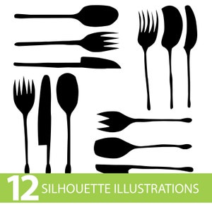 May include: Black silhouette illustrations of cutlery, including forks, spoons, and knives. The image features a variety of utensil designs, with the text "12 SILHOUETTE ILLUSTRATIONS" in a green rectangle at the bottom.