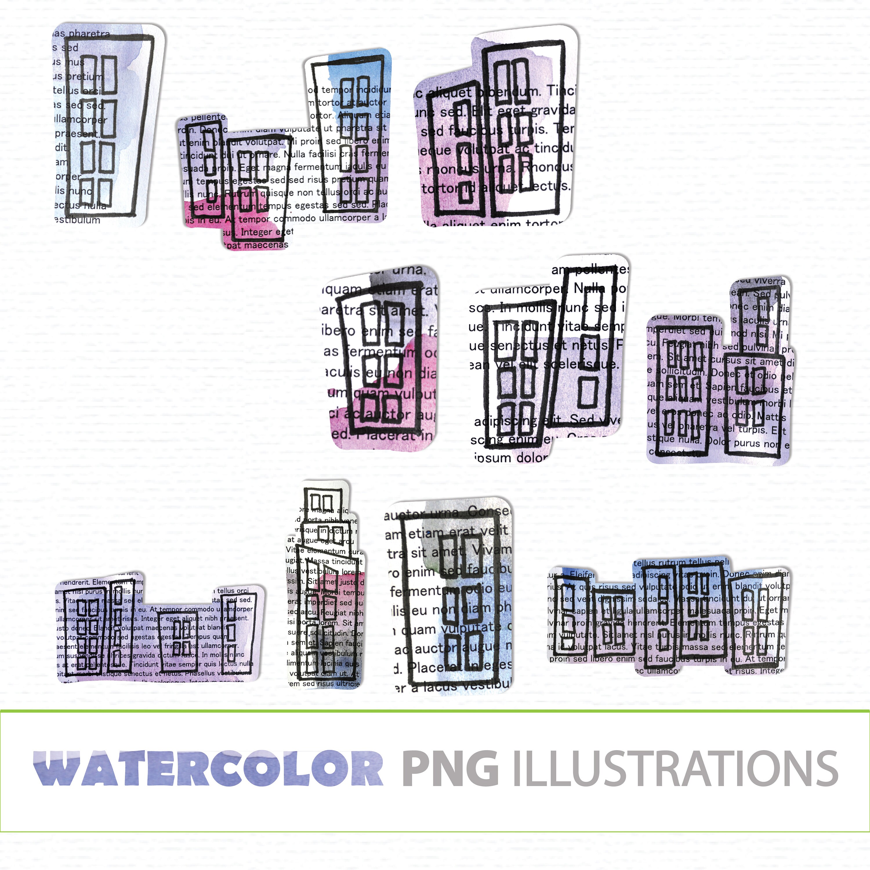 WATERCOLOR Hand Drawn Building PNG Clip Art City Stickers Street ...
