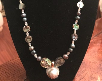 Freshwater Pearls, Paua Shells Necklace with Maba Pearl Pendant