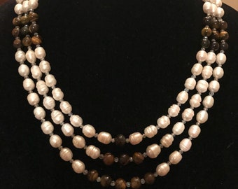 Freshwater Pearls & Tiger Eye Necklace with Earrings.