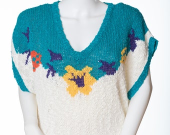 Vintage Floral Knit Sweater - Harrington Park Teal Trim