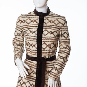 Abito in maglia originale Lanz vintage: rifiniture in velluto geometrico, manica lunga