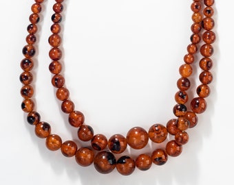 Gorgeous Vintage Burnt Orange and Brown Marble Bead Double Strand Necklace