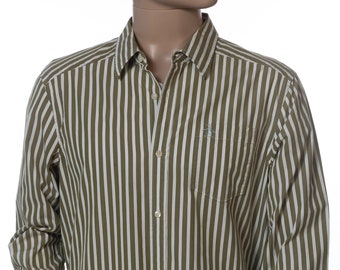 May include: A long-sleeved button-down shirt with vertical stripes in green and white.