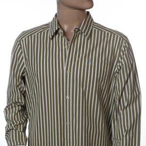 May include: A long-sleeved button-down shirt with vertical stripes in green and white.