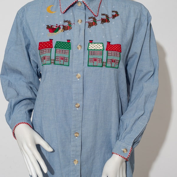 Vintage Jennifer Blair Northern Isles Petites Christmas Button Down Shirt Ugly Christmas