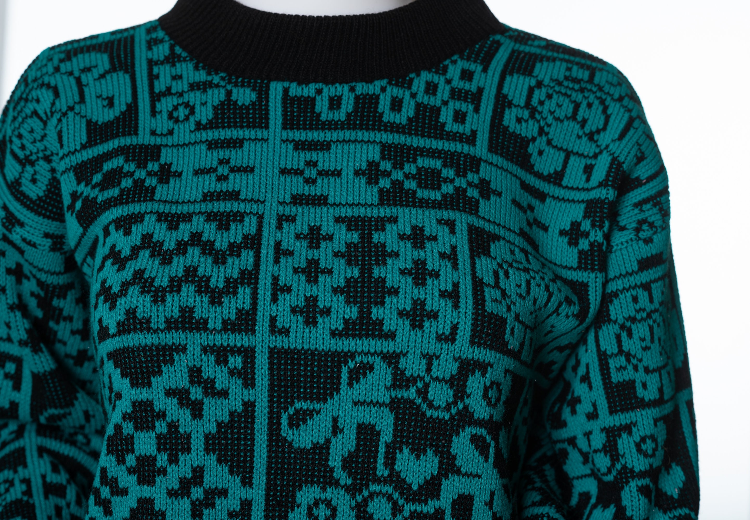 Vintage 80s Knit Sweater: Teal & Black Geometric Pattern - Etsy