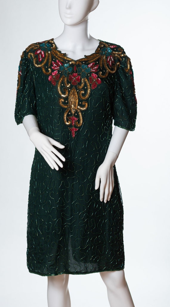 Vintage Denise Elle Silk Beaded Dress, Green, Gold