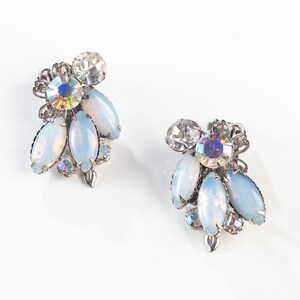 Vintage Blue Rhinestone and Glass Clip-On Earrings, Valentine&#39;s Day Earrings