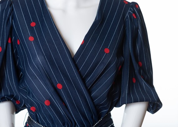 Vintage Navy Stripe Dress: Red Floral Hem, Puffy Slee - Gem