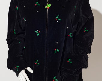 The Quacker Factory Black Velvet Christmas Holly Berry Jacket Ugly Christmas