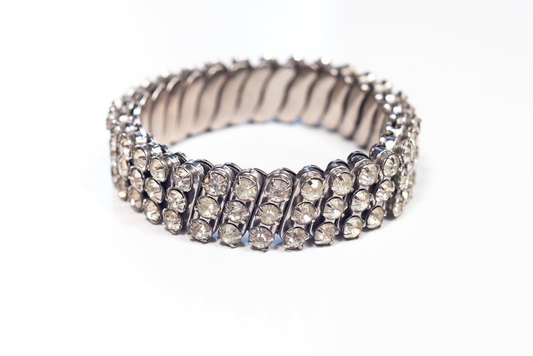 1950’s　white×clear　rhinestone bracelet Vintage Retro c1950s Signed Marked WEISS Wide Clear White