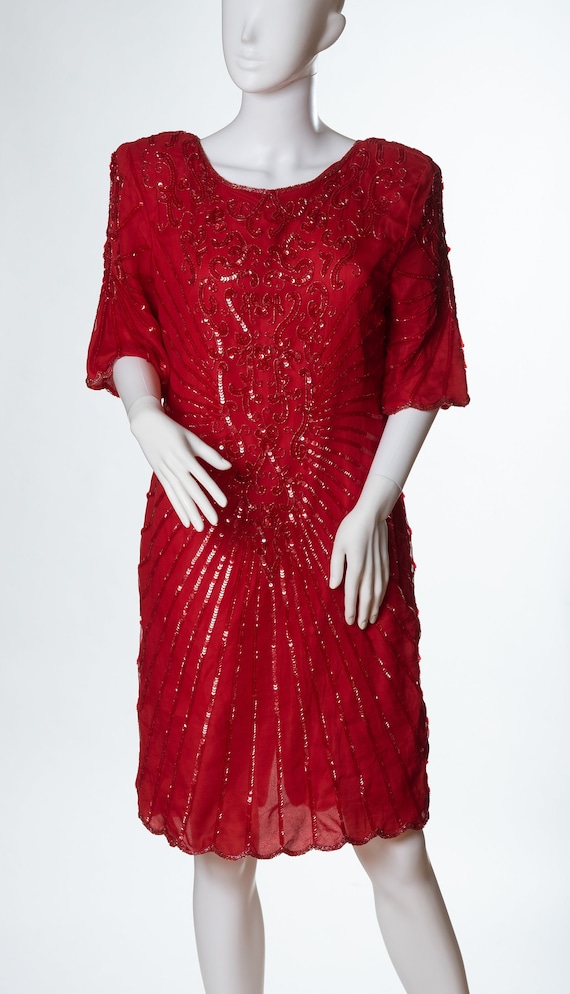 Vintage Styleworks Silk Red Dress, Red Beaded & Se