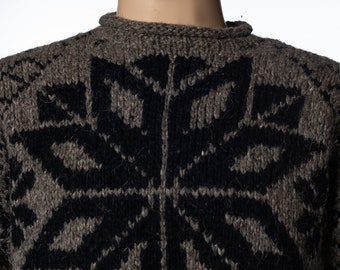 May include: A brown and black knitted sweater with a geometric pattern.