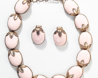 Vintage demi Parure Powder Pink Pastel Necklace and Clip-on Earring Set