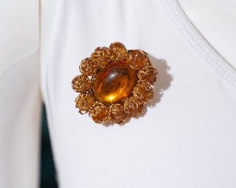 Vintage Amber Glass Brooch: Gold Filigree & Beaded Frame