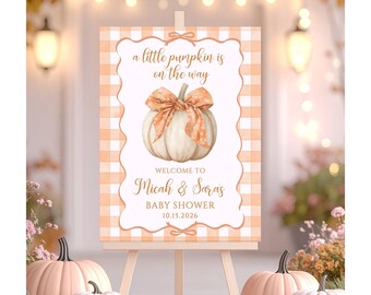 Letrero de bienvenida para baby shower con temática de calabazas otoñales, póster "Una pequeña calabaza está en camino" (otoño), decoración a cuadros, impreso y enviado, descarga digital F13