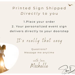May include: A beige sign with text that reads "Printed Sign Shipped Directly to you." The sign includes instructions, "Place your order" and "Your personalized event sign delivers directly to your doorstep." The sign also includes the text "It's really that easy."
