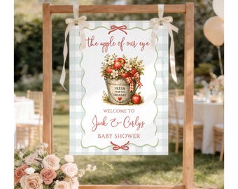 Letrero de bienvenida personalizado para baby shower con diseño de manzanas de cosecha en un cubo, póster de entrada para parejas "La niña de nuestros ojos", cuadros verdes, huerto de otoño