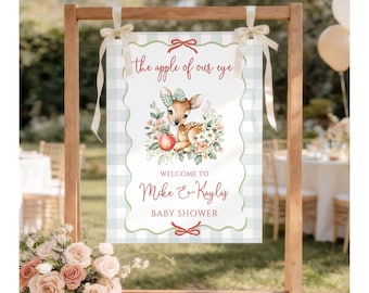 Letrero de bienvenida personalizado para baby shower con ciervo del bosque, póster de entrada "La niña de nuestros ojos", decoración otoñal bohemia, tema de cuadros verdes F16