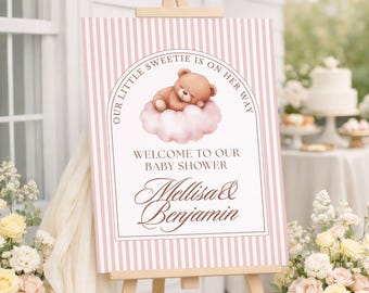 Custom Couple's Pink Girl Sleeping Teddy Bear Baby Shower Welcome Sign, Custom Entrance Striped Decor, Our Little Sweetie is on her Way #87