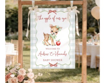 Letrero de bienvenida para baby shower con ciervos del bosque y estampado de cuadros verdes, cartel de entrada "La niña de nuestros ojos", póster impreso de Harvest Orchard, letrero personalizado F18