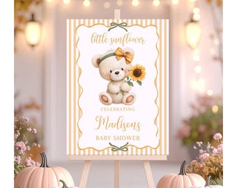 Letrero de bienvenida personalizado para baby shower de niña con osito de peluche y girasoles, póster de entrada estilo boho otoñal, tablero impreso, decoración de cuadros naranjas F15