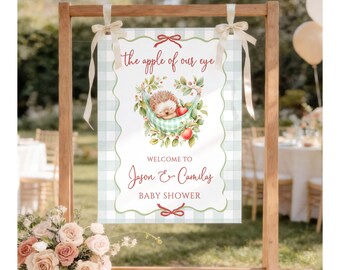 Letrero de bienvenida personalizado para baby shower con diseño de puercoespín bebé durmiendo en el bosque, póster de entrada "La niña de nuestros ojos", decoración de guardería a cuadros verdes F21