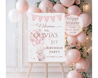 Letrero de primer cumpleaños con lazo rosa impreso y enviado, letrero de oso rosa con globos, póster de bienvenida para primer cumpleaños, Girls Just Wanna Be One