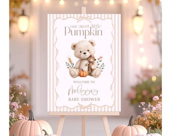 Letrero de bienvenida personalizado para baby shower con diseño de osito de peluche y espantapájaros "Nuestra Dulce Calabacita", tablero de entrada con temática otoñal a rayas naranjas F28