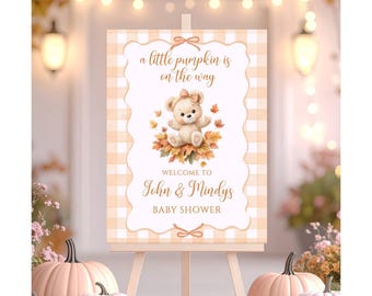Letrero de bienvenida para baby shower con osito de peluche otoñal, póster de entrada para bebé con una calabacita, tablero impreso otoñal personalizado, decoración de cuadros vichy para niña F10