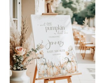 Un pequeño calabacín está casi listo. Letrero de entrada para baby shower, póster de bienvenida de otoño personalizado, decoración de calabaza bohemia, baby shower para parejas, digital F8