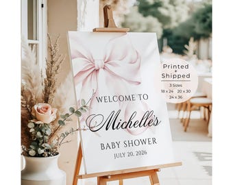Letrero de bienvenida para baby shower impreso y enviado, letrero personalizado para la entrada del baby shower, póster de bienvenida con lazo rosa, baby shower estilo boho