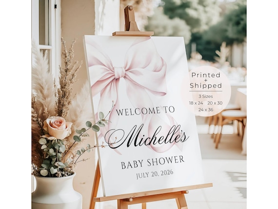 Printed + Shipped, Baby Shower Welcome Sign, Personalized Baby Shower Entrance Sign, Pink Bow Shower Welcome Poster, Boho Baby Shower