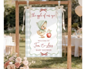 Letrero de bienvenida para baby shower "El patito" con estampado de cuadros verdes, cartel impreso "Huerto de cosecha", póster de entrada "La niña de nuestros ojos", letrero personalizado F20