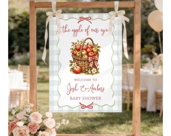 Cartel de bienvenida para baby shower con diseño personalizado de manzanas en un cubo, letrero de entrada para parejas "La niña de nuestros ojos", cuadros verdes, huerto de otoño