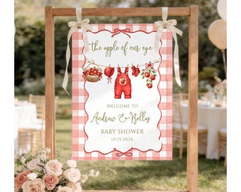 Letrero de bienvenida personalizado para baby shower "La niña de nuestros ojos", póster de tendedero con manzanas de huerto, cartel de bienvenida de la cosecha de otoño, impreso y enviado.