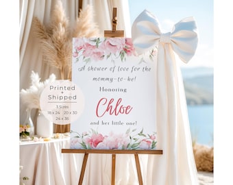 Personalized Baby Shower Welcome Sign, Custom Baby Shower Entrance Sign, Pink Flowers Shower Welcome Poster, (Printed + Shipped)