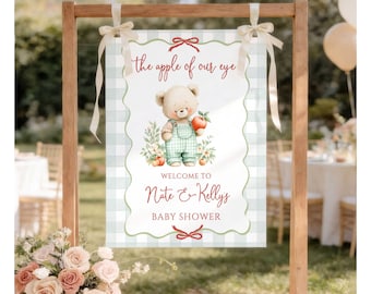Póster de bienvenida personalizado para baby shower con osito de peluche del bosque, letrero de entrada "La niña de nuestros ojos", decoración de animales del bosque a cuadros verdes F23