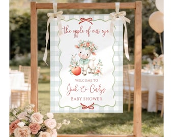 Letrero de bienvenida personalizado para baby shower con estampado de vichy verde y corderito, póster de entrada "La niña de nuestros ojos", decoración otoñal bohemia, tema de huerto de cosecha.